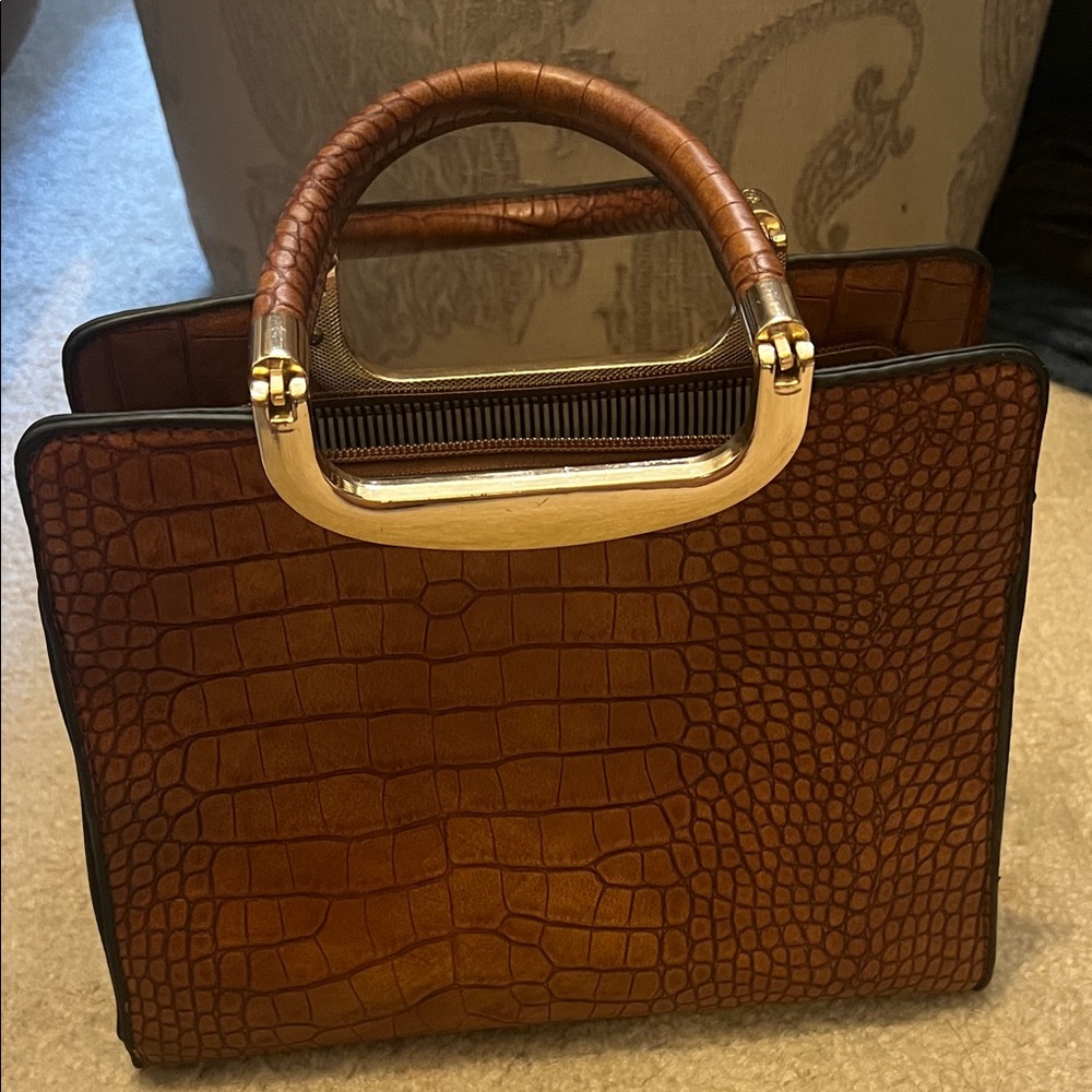Brown Crocodile Embossed Handbag with Gold Accents